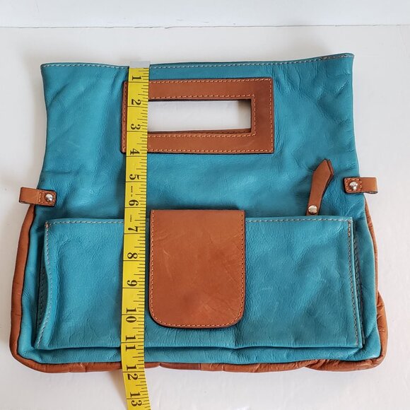 Vintage MODA in ITALIA Convertible 3in1 Leather Clutch Handbag Turquoise Cognac - Picture 4 of 13